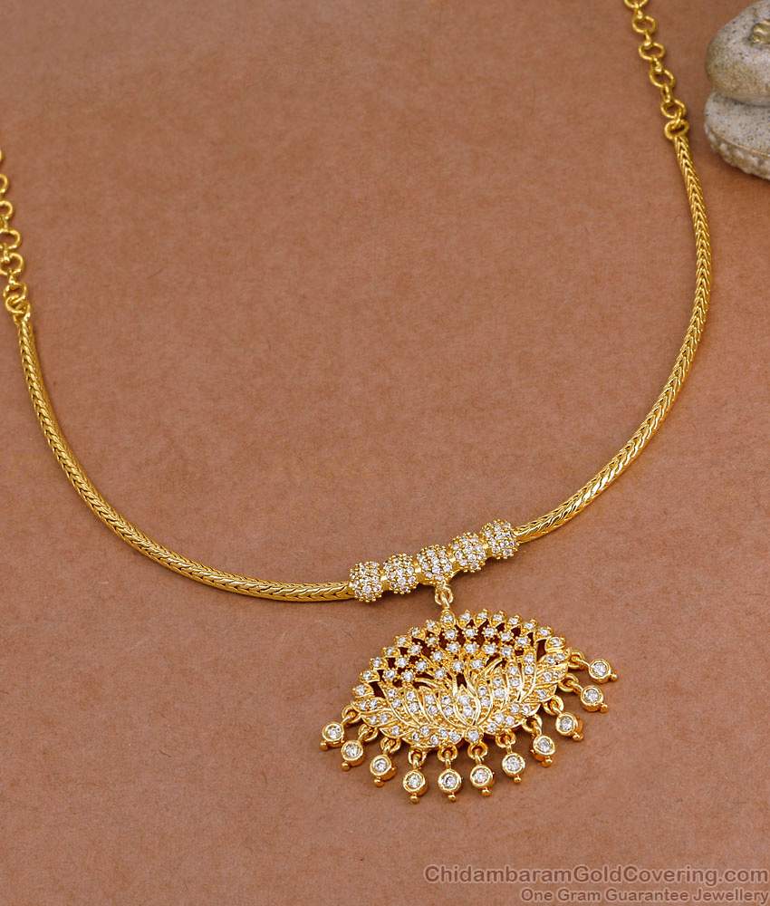 Bridal Wear One Gram Gold Necklace White Stone Lotus Design NCKN4116 Bridal Wear One Gram Gold Necklace White Stone Lotus Design NCKN4116