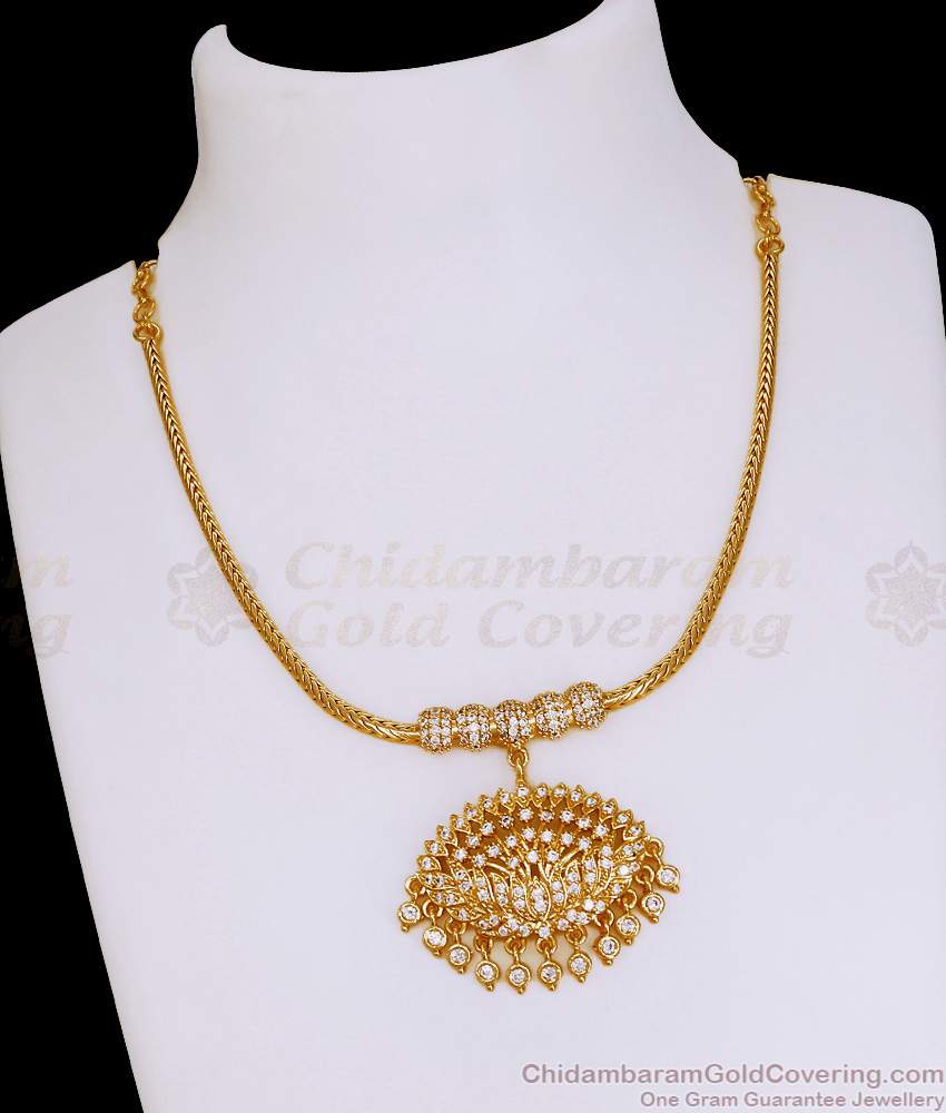 Bridal Wear One Gram Gold Necklace White Stone Lotus Design NCKN4116 Bridal Wear One Gram Gold Necklace White Stone Lotus Design NCKN4116