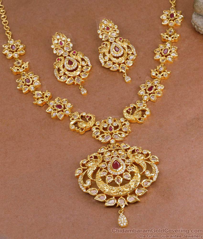 Classic Micro Gold Plated Peacock Necklace Set With Ruby White Stone NCKN4124 Classic Micro Gold Plated Peacock Necklace Set With Ruby White Stone NCKN4124