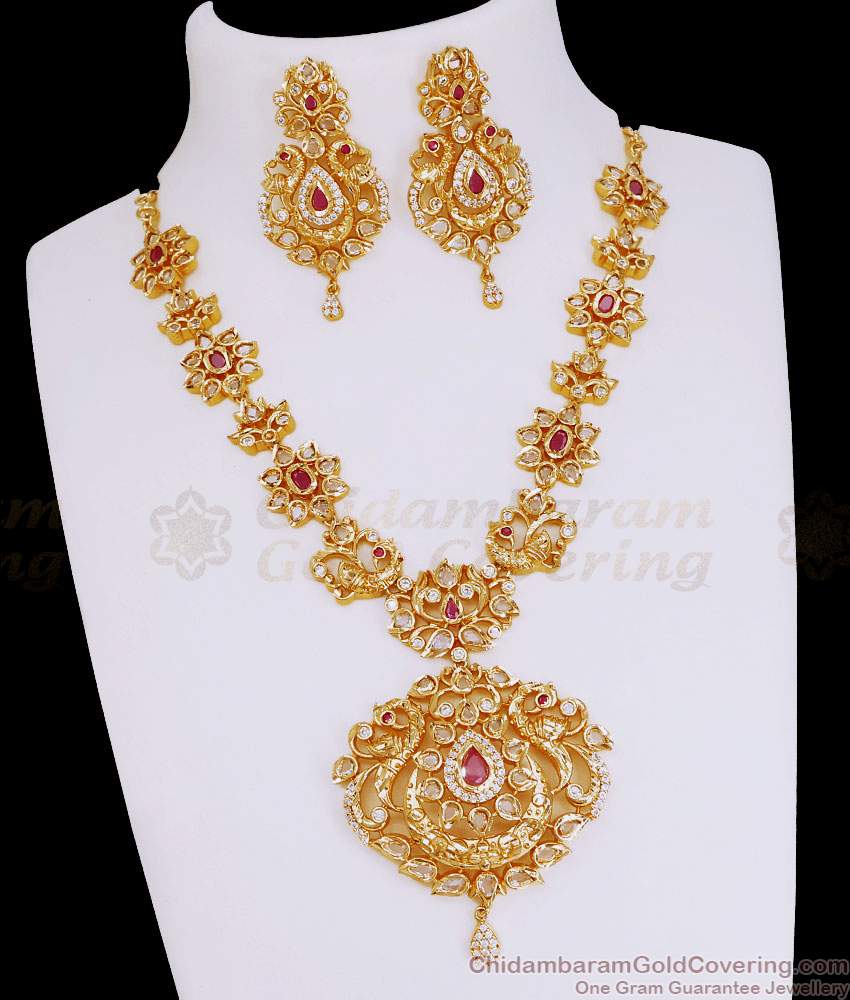 Classic Micro Gold Plated Peacock Necklace Set With Ruby White Stone NCKN4124 Classic Micro Gold Plated Peacock Necklace Set With Ruby White Stone NCKN4124