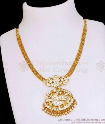 Full White Stone Swan Design Impon Panchaloha Necklace Gold Finish NCKN4150