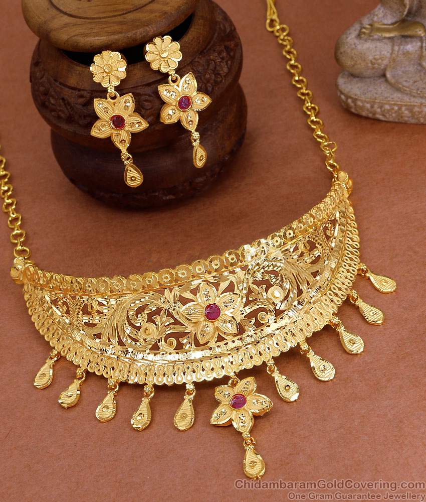 Premium Quality 2 Gram Gold Small Cute Choker Design Ruby Stone NCKN4168 Premium Quality 2 Gram Gold Small Cute Choker Design Ruby Stone NCKN4168