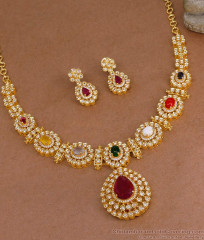Premium Navaratna Temple Necklace Set Wedding Jewelry For Brides NCKN4173