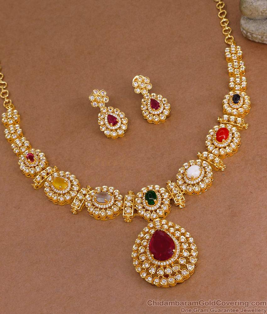 Premium Navaratna Temple Necklace Set Wedding Jewelry For Brides NCKN4173