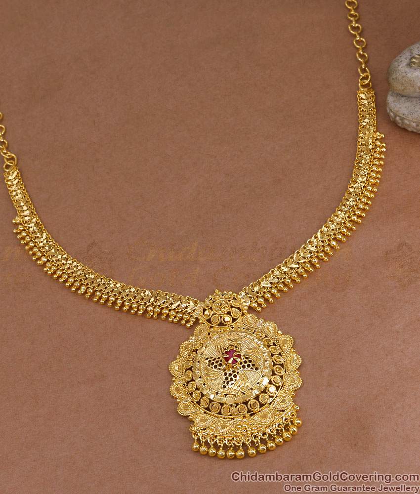Bridal Wear One Gram Gold Ruby Stone Necklace For Women NCKN4208