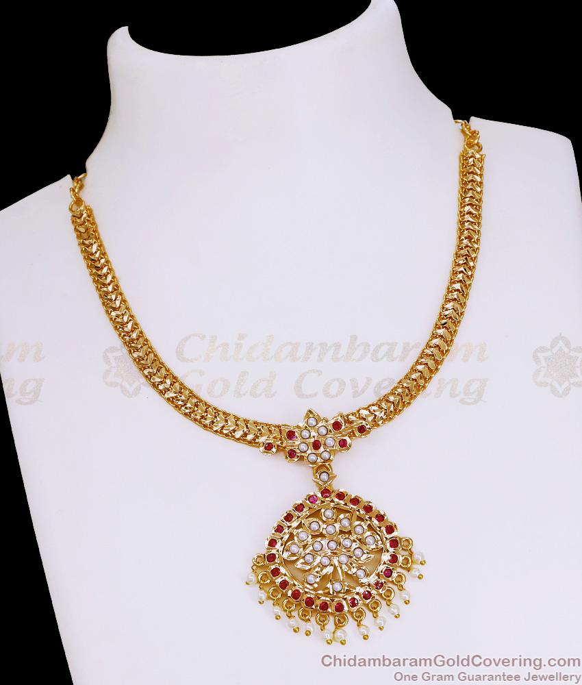Latest Impon Panchaloha Ruby Stone Necklace Pearl Jewelry NCKN4227