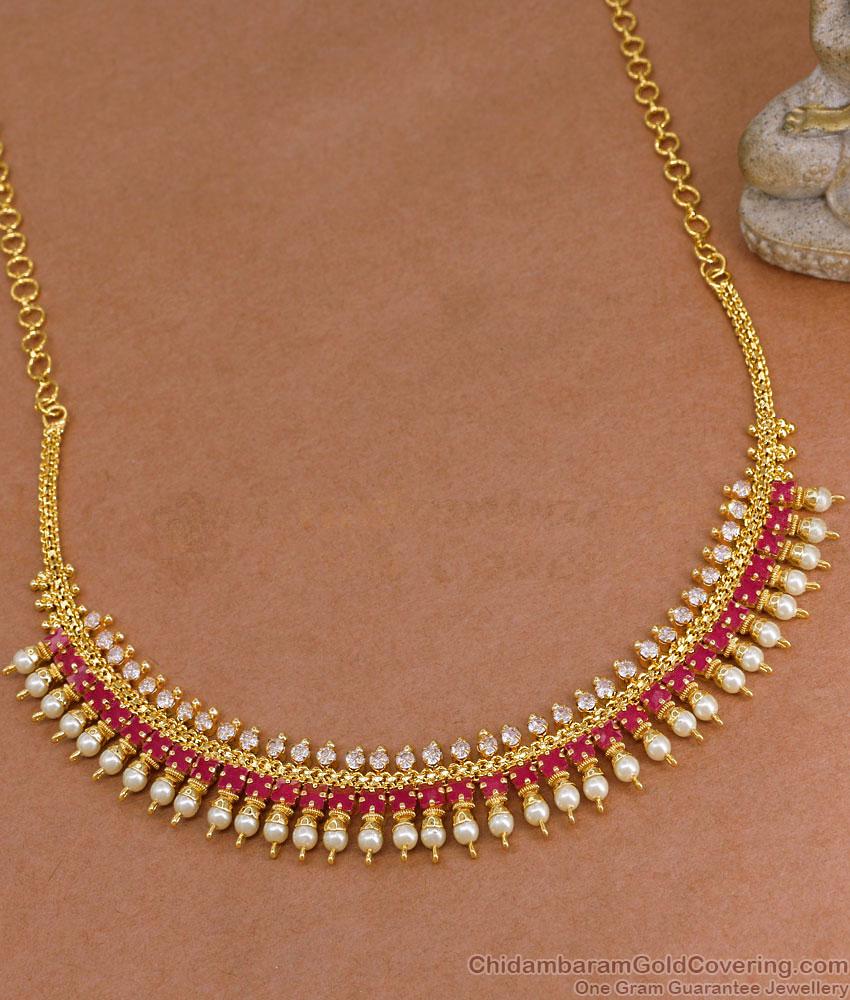 Elegant Ruby Stone Mullaipoo Gold Necklace With Pearl Beads For Wedding NCKN4260