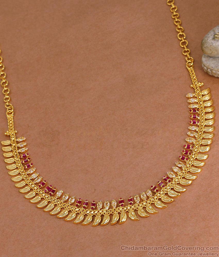 High Quality Micro Gold Polish Necklace Leaf Design With Ruby White Stone NCKN4268