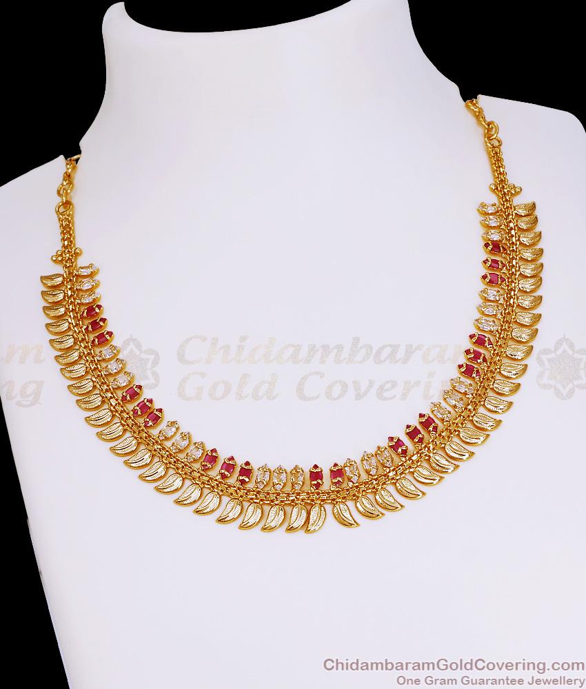 High Quality Micro Gold Polish Necklace Leaf Design With Ruby White Stone NCKN4268