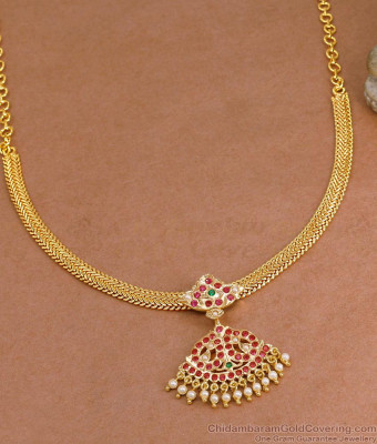 Beautiful Ruby Green Stone Impon Attigai With Pearls For Bridal Wear Online NCKN4275