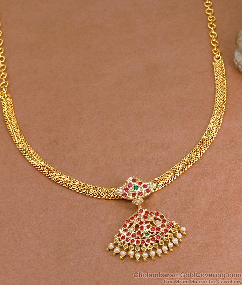 Beautiful Ruby Green Stone Impon Attigai With Pearls For Bridal Wear Online NCKN4275