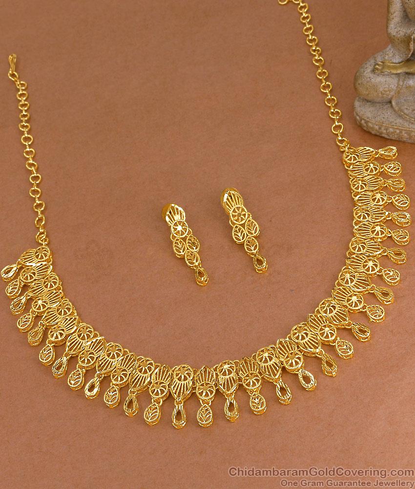 Real Gold Tone Arabic Bridal Necklace Earring Combo Forming Jewelry NCKN4281