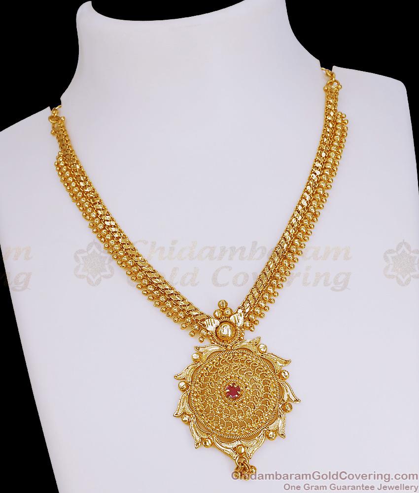 Traditional Single Ruby Stone Mullaimottu Gold Necklace Bridal Jewelry NCKN4290
