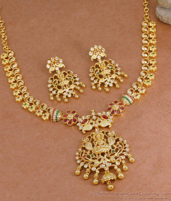 Premium Micro Gold Plated Lakshmi Necklace Ruby Emerald Stone Temple Jewelry NCKN4295