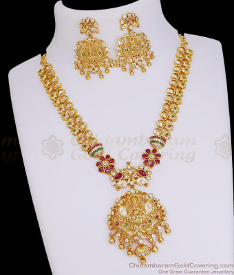 Premium Micro Gold Plated Lakshmi Necklace Ruby Emerald Stone Temple Jewelry NCKN4295