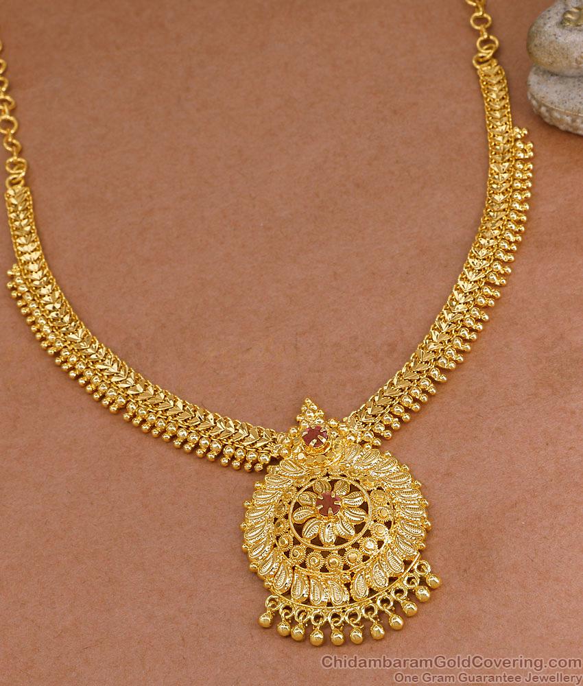 Traditional One Gram Gold Mullai Mottu Necklace With Ruby Stone NCKN4313