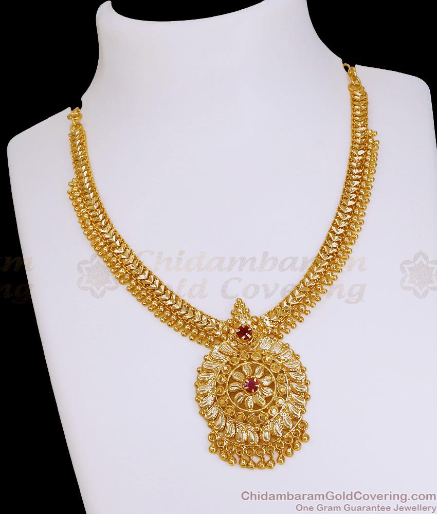 Traditional One Gram Gold Mullai Mottu Necklace With Ruby Stone NCKN4313