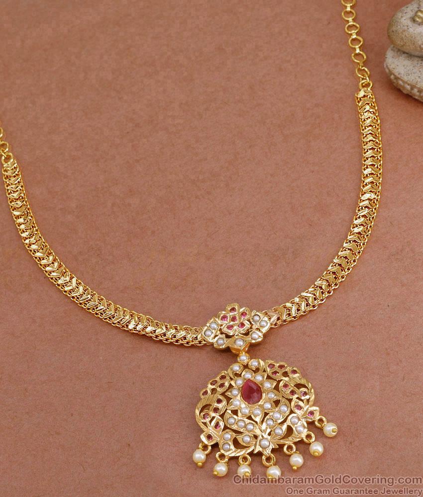 Big Ruby Stone Impon Attigai With Pearls For Women Bridal Wear NCKN4318