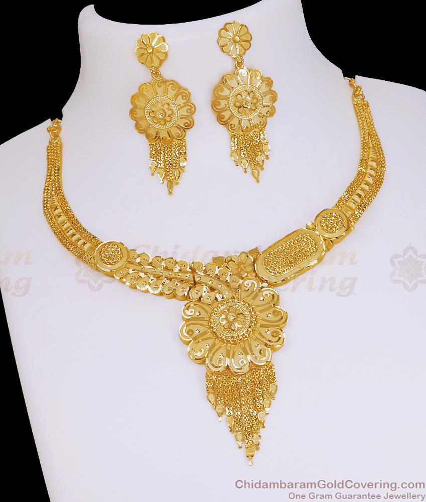 Grand Bridal Wear Flower Design Dubai Gold Necklace Set Shop Online NCKN4336