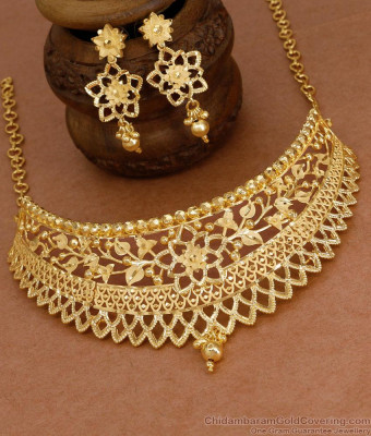 Latest Micro Gold Plated Bridal Choker Necklace Set Floral Design NCKN4337