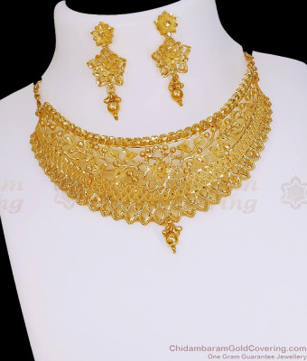 Latest Micro Gold Plated Bridal Choker Necklace Set Floral Design NCKN4337