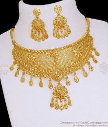 Attractive 2 Gram Gold Floral Choker Necklace Design With Dangler Earring NCKN4340