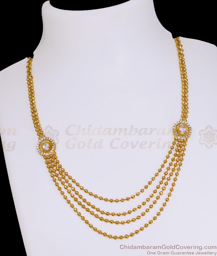 Latest Double Side White Stone Pendant Necklace 4 Line Golden Beads Design NCKN4342