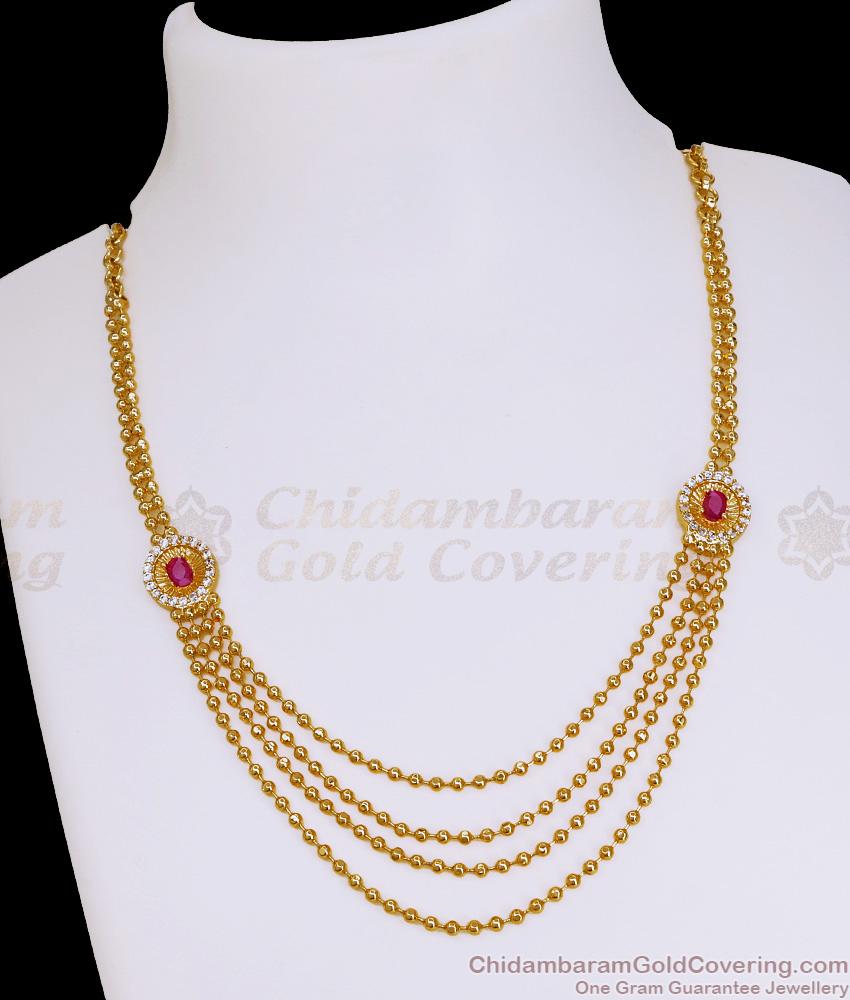 Stylish Ruby Stone Multi Line Gold Imitation Necklace Design For Wedding NCKN4343