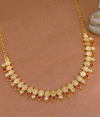 Latest Micro Gold Plated Lakshmi Coin Neckalce With Ruby White Stone NCKN4367