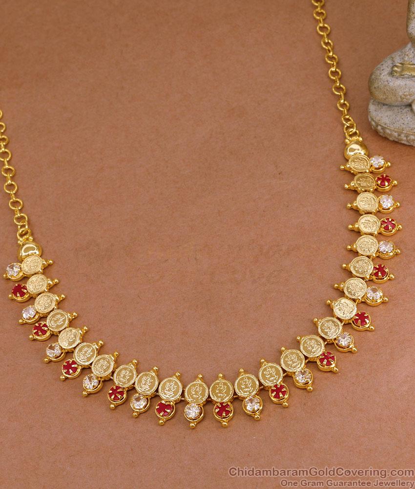 Latest Micro Gold Plated Lakshmi Coin Neckalce With Ruby White Stone NCKN4367