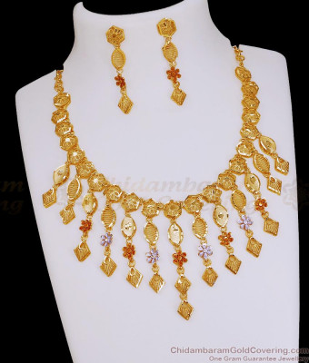 Bridal Wear Floral Meenakari Design Forming Gold Necklace Set Online NCKN4395 