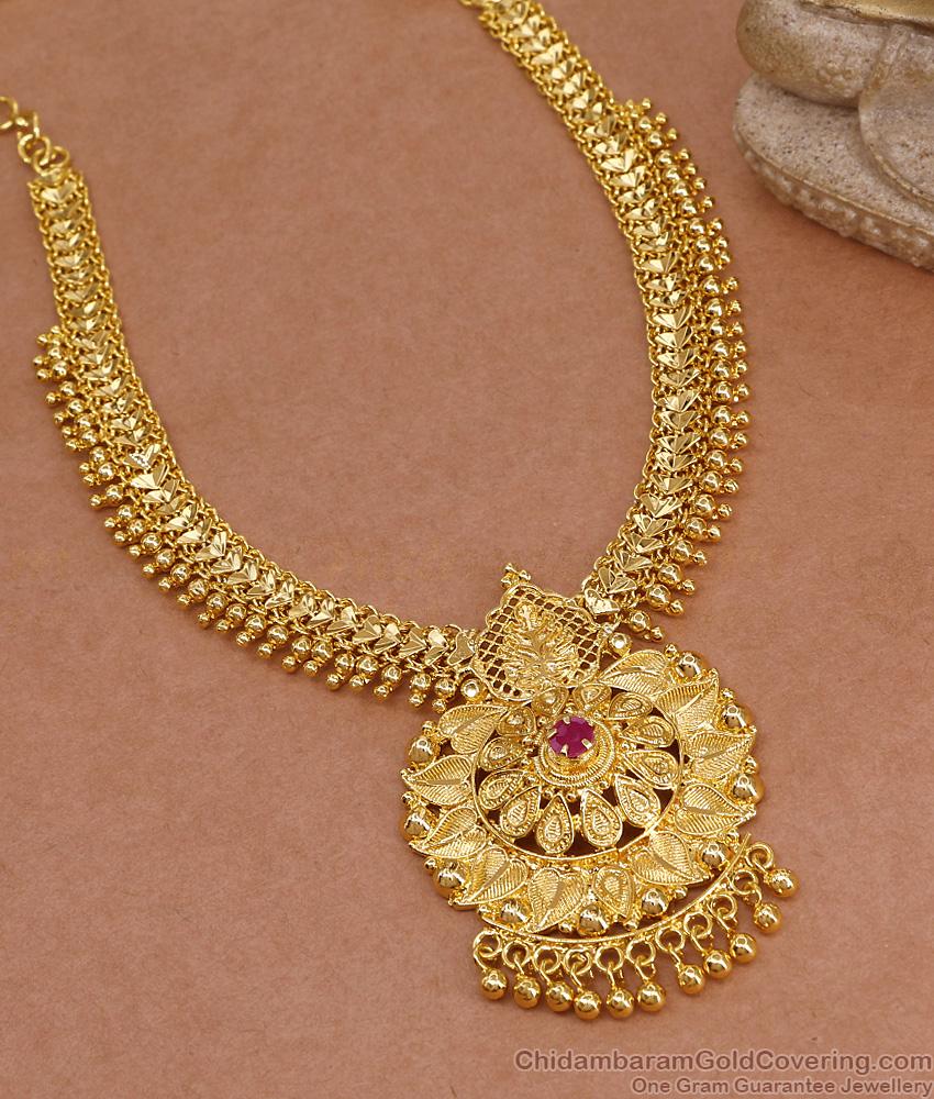 Premium Quality 1 Gram Gold Necklace Heart Design With Ruby Stone NCKN4422