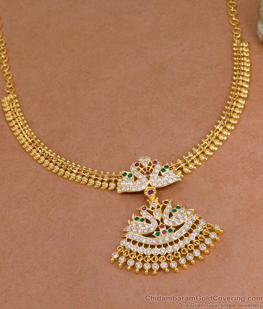 Original Impon Peacock Multi Stone Attigai Gold Plated Mango Malai Design NCKN4444
