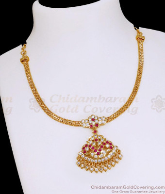 South Indian Ruby White Stone Impon Gold Attigai Bridal Necklace Design NCKN4448