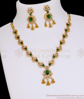 Beautiful Emerald Stone Diamond Necklace Set For Brides NCKN4452