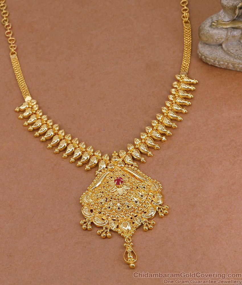 Single Ruby Stone One Gram Gold Necklace Mango Design For Wedding NCKN4479 Single Ruby Stone One Gram Gold Necklace Mango Design For Wedding NCKN4479