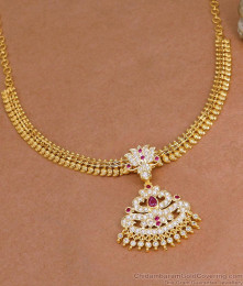 Bridal Wear Ruby White Stone Lotus Design Gold Attigai Mango Necklace NCKN4525 Bridal Wear Ruby White Stone Lotus Design Gold Attigai Mango Necklace NCKN4525