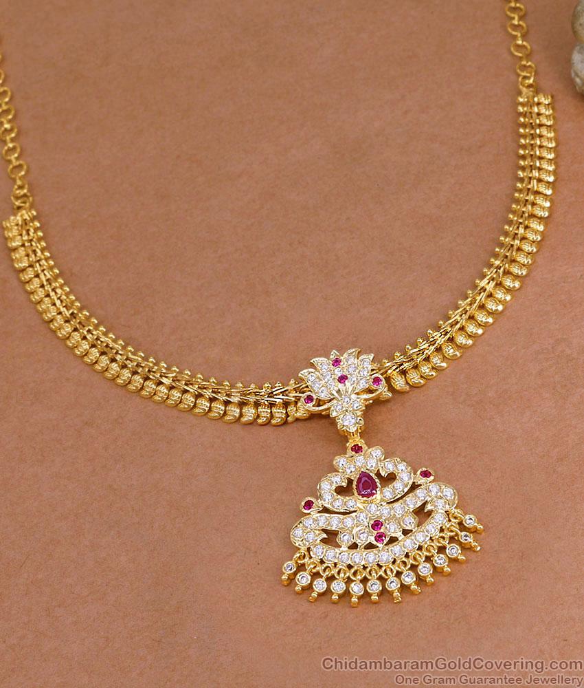 Bridal Wear Ruby White Stone Lotus Design Gold Attigai Mango Necklace NCKN4525 Bridal Wear Ruby White Stone Lotus Design Gold Attigai Mango Necklace NCKN4525