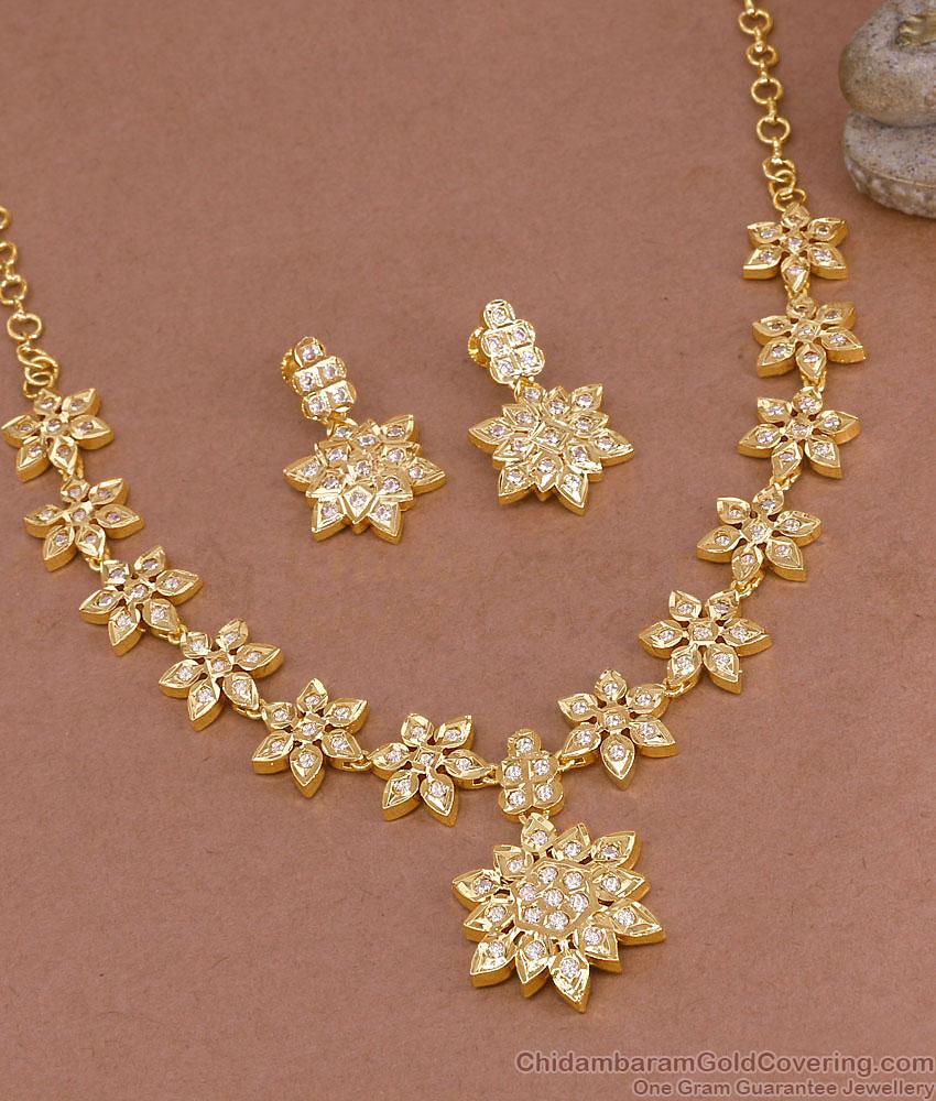 Beautiful Full White Stone Floral Design Impon Necklace With Earring NCKN4535 Beautiful Full White Stone Floral Design Impon Necklace With Earring NCKN4535