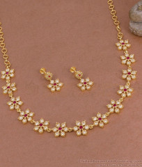 Elegant Ruby White Stone Necklace Floral Design Five Metal Jewelry NCKN4536 Elegant Ruby White Stone Necklace Floral Design Five Metal Jewelry NCKN4536