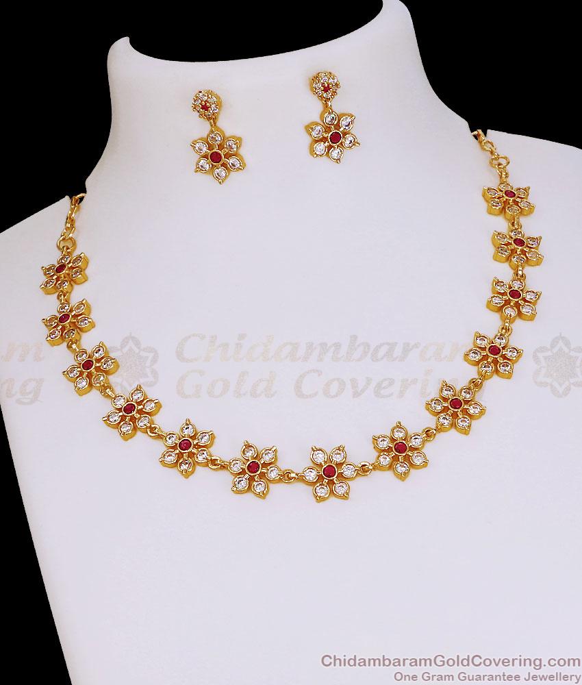 Elegant Ruby White Stone Necklace Floral Design Five Metal Jewelry NCKN4536 Elegant Ruby White Stone Necklace Floral Design Five Metal Jewelry NCKN4536
