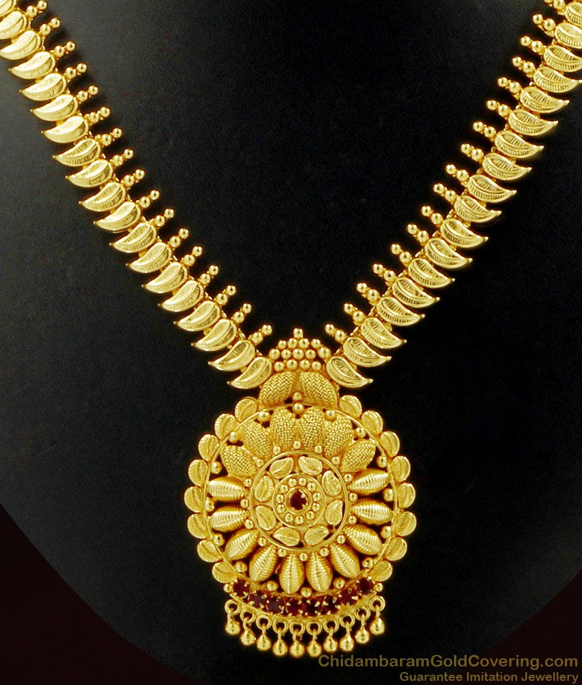 Real Gold Pattern Mango Leaf Necklace Single Ruby Stone Dollar NCKN454
