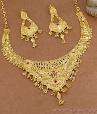 Grand Two Gram Gold Ruby Stone Necklace Earring Set For Wedding NCKN4572