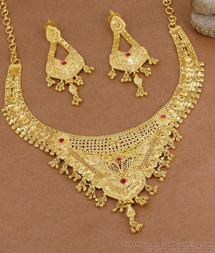 Grand Two Gram Gold Ruby Stone Necklace Earring Set For Wedding NCKN4572 Grand Two Gram Gold Ruby Stone Necklace Earring Set For Wedding NCKN4572