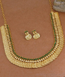 Traditional Festive Wear Lakshmi Coin Gold Necklace With Green Stone NCKN4586