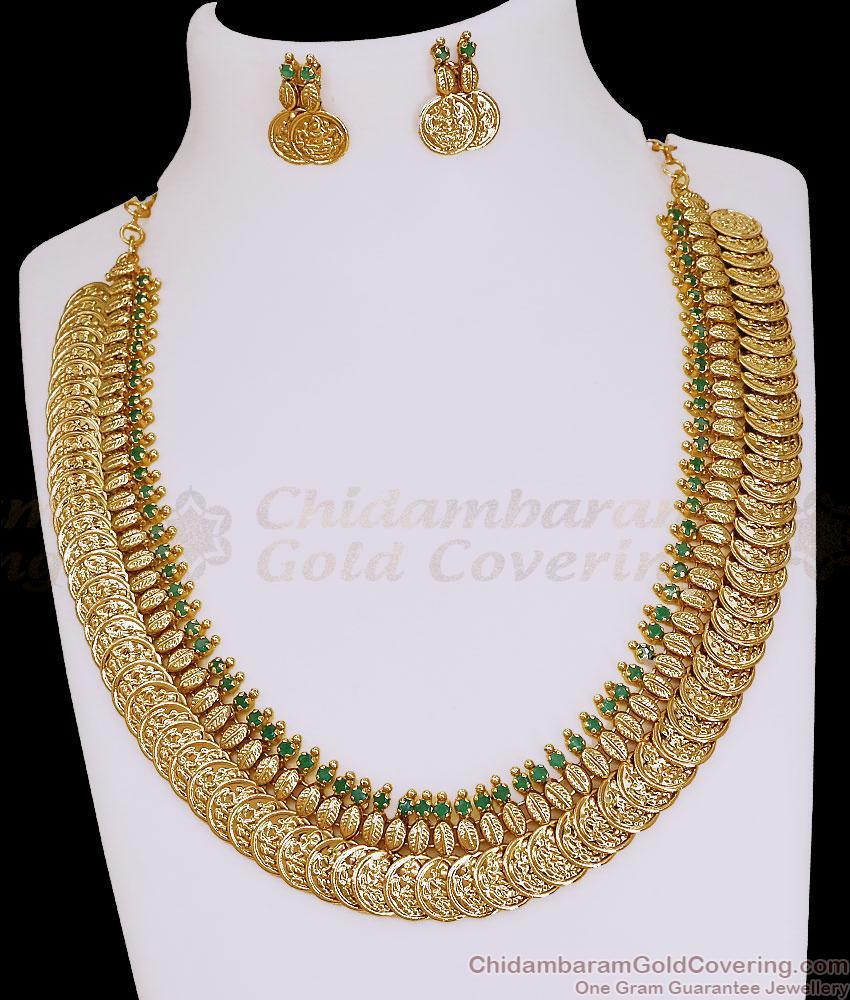 Traditional Festive Wear Lakshmi Coin Gold Necklace With Green Stone NCKN4586 Traditional Festive Wear Lakshmi Coin Gold Necklace With Green Stone NCKN4586