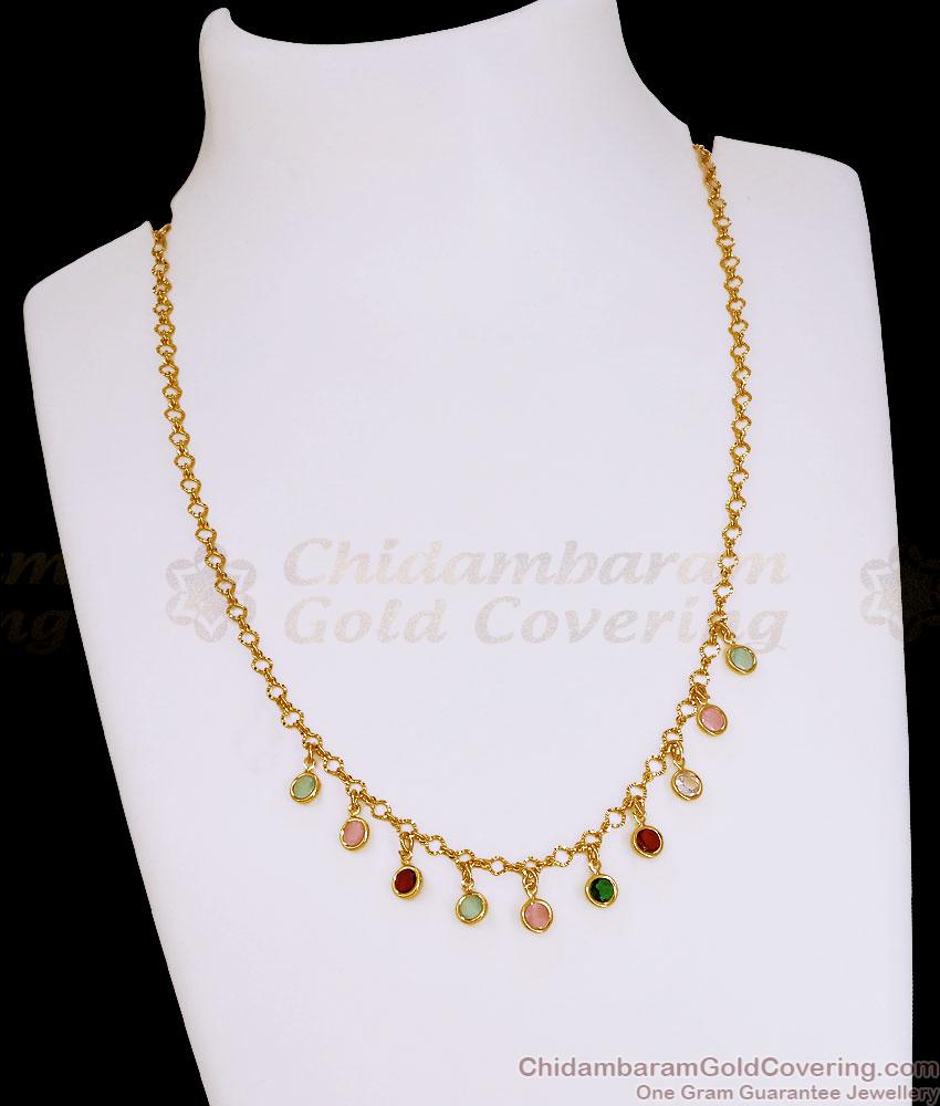Multi Color Ad Stone Hanging Charms Gold Necklace Chain NCKN4606