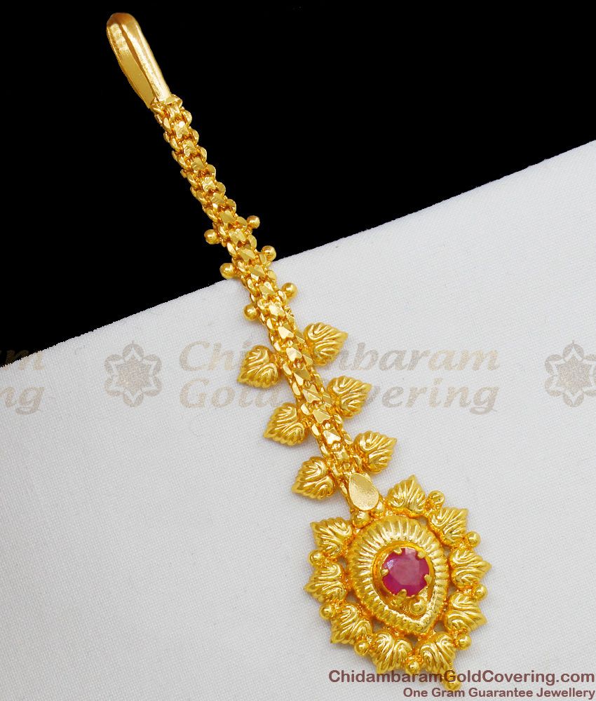 Fascinating Ruby Stone Leaf Pattern Gold Plated Bridal Wear Hair Ornament NCHT101