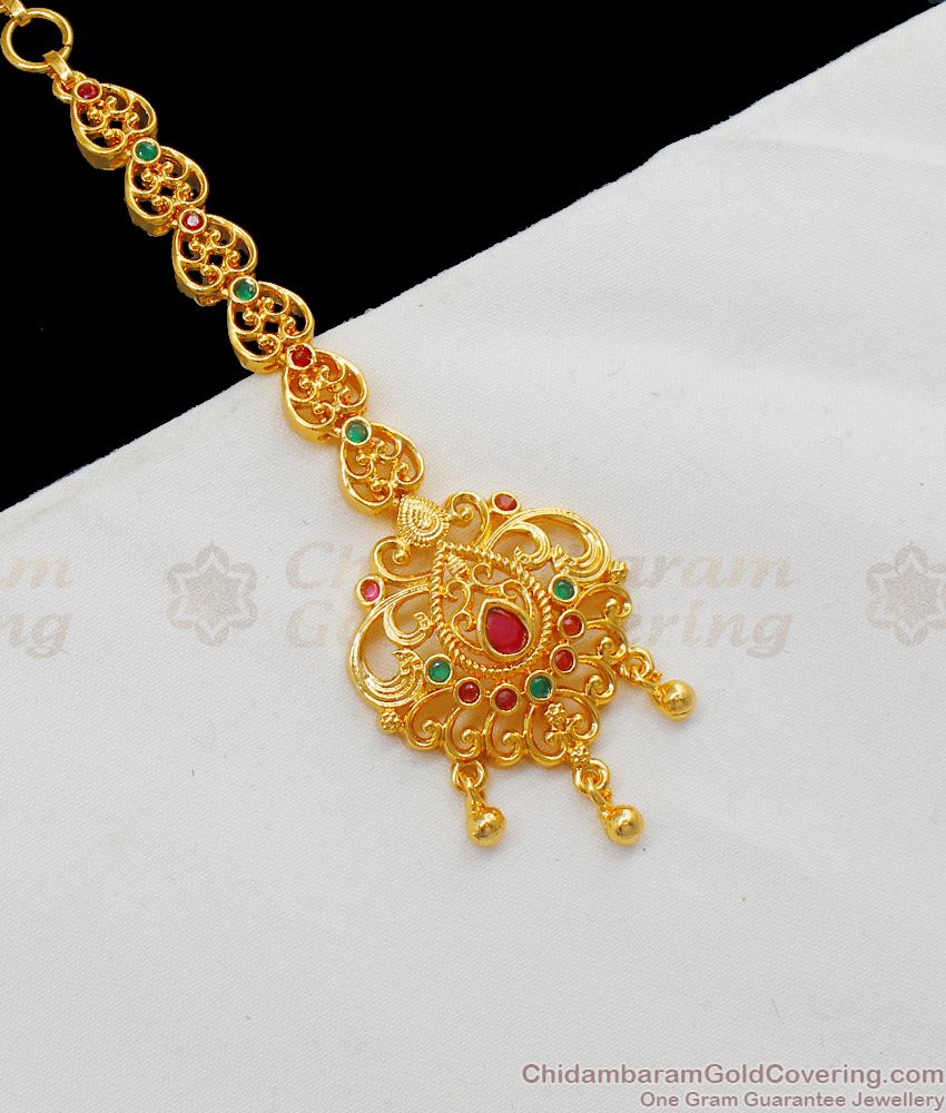 Trendy Multi Stone One Gram Gold Nethichuti For Bridal Wear NCHT253