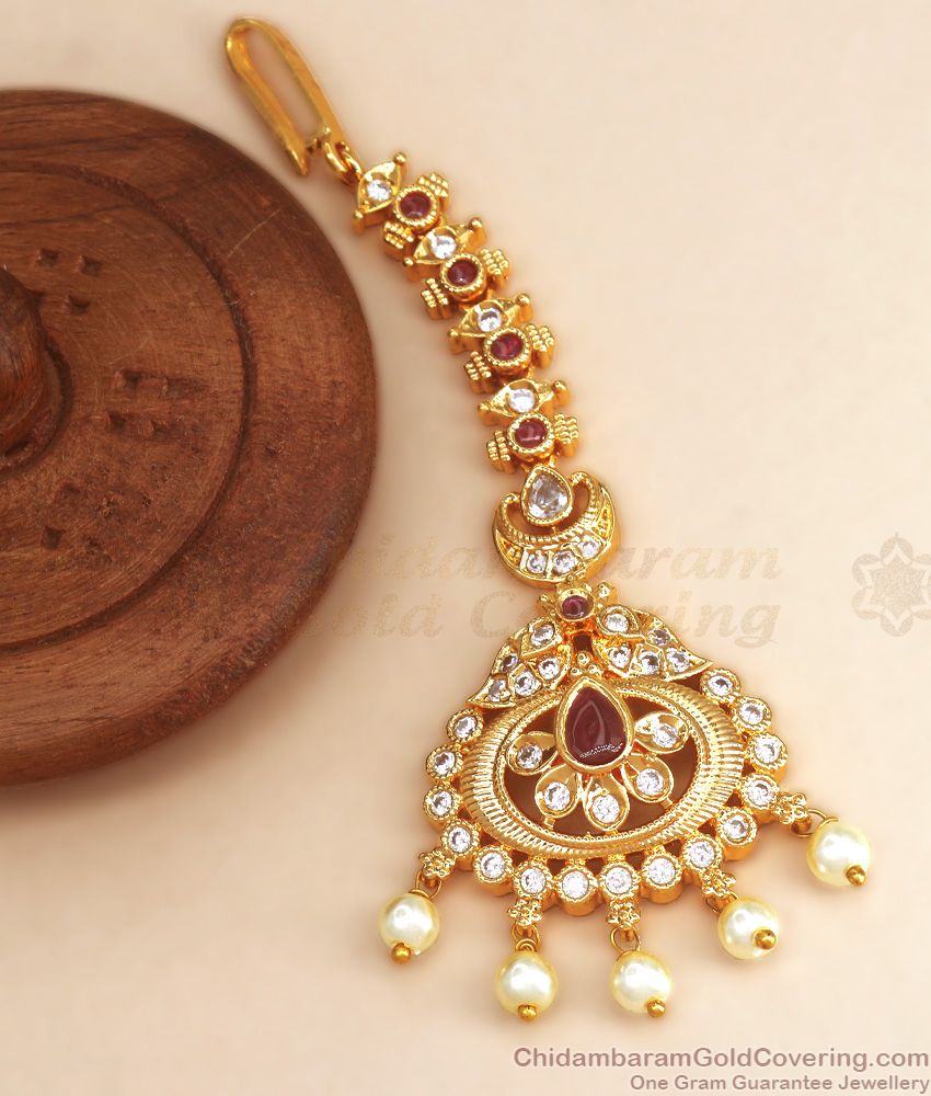 Bridal 1 Gram Gold Nethichutti White Pearls Design Shop Online NCHT337